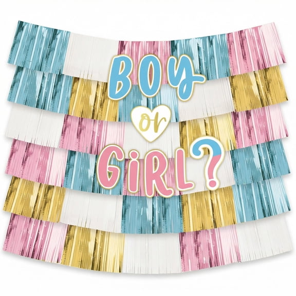 Amscan "Boy or Girl?" Plastic Fringe Scene Setter Background Decoration, Blue/Pink, 6.6-ft, 15-pk