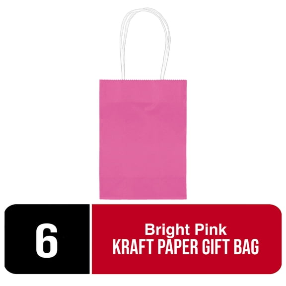 Amscan Bright Pink Kraft Paper Gift Bags – 5 Inch, 6 Count