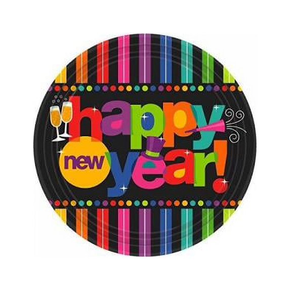 Amscan Bright Stripes New Year Party Round Luncheon Plates 60 Piece, 9", Multicolor