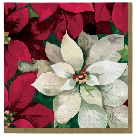 Amscan Christmas Poinsettia 2-Ply Beverage Napkins, 5" x 5", Red, Pack Of 250 Napkins