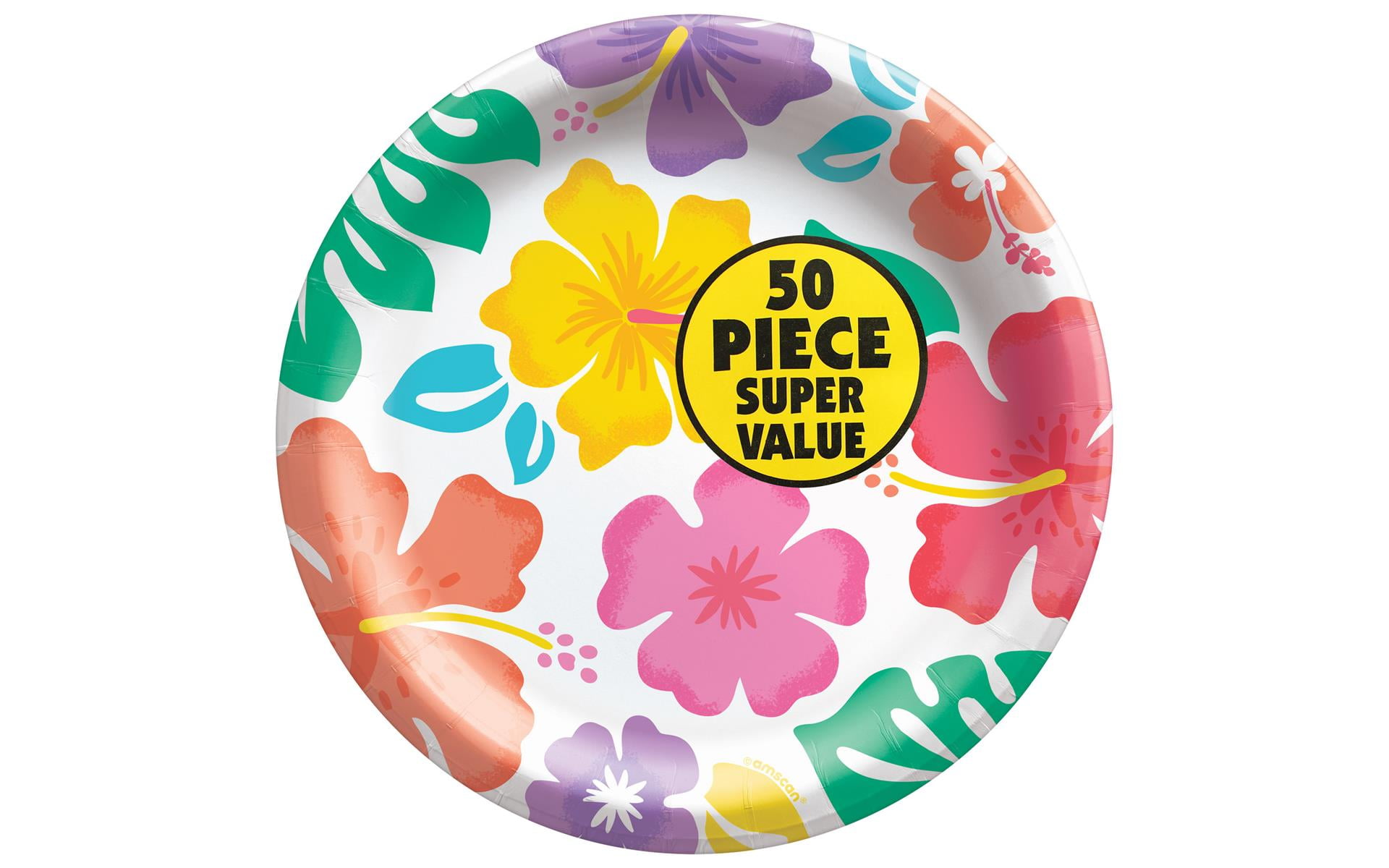 Amscan Hibiscus Paper Plates – 50 Count, 7” Tropical Luau Party Plates, Summer & Beach Theme