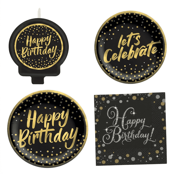 Amscan Birthday Party Tableware Set Confetti Wishes Black and Gold 16 Lunch Plates 16 Dessert Plates 16 Napkins 1 Candle