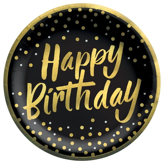 Amscan Confetti Wishes Lunch Paper Plates, 8-1/2", Black/Gold, Pack Of 8 Plates