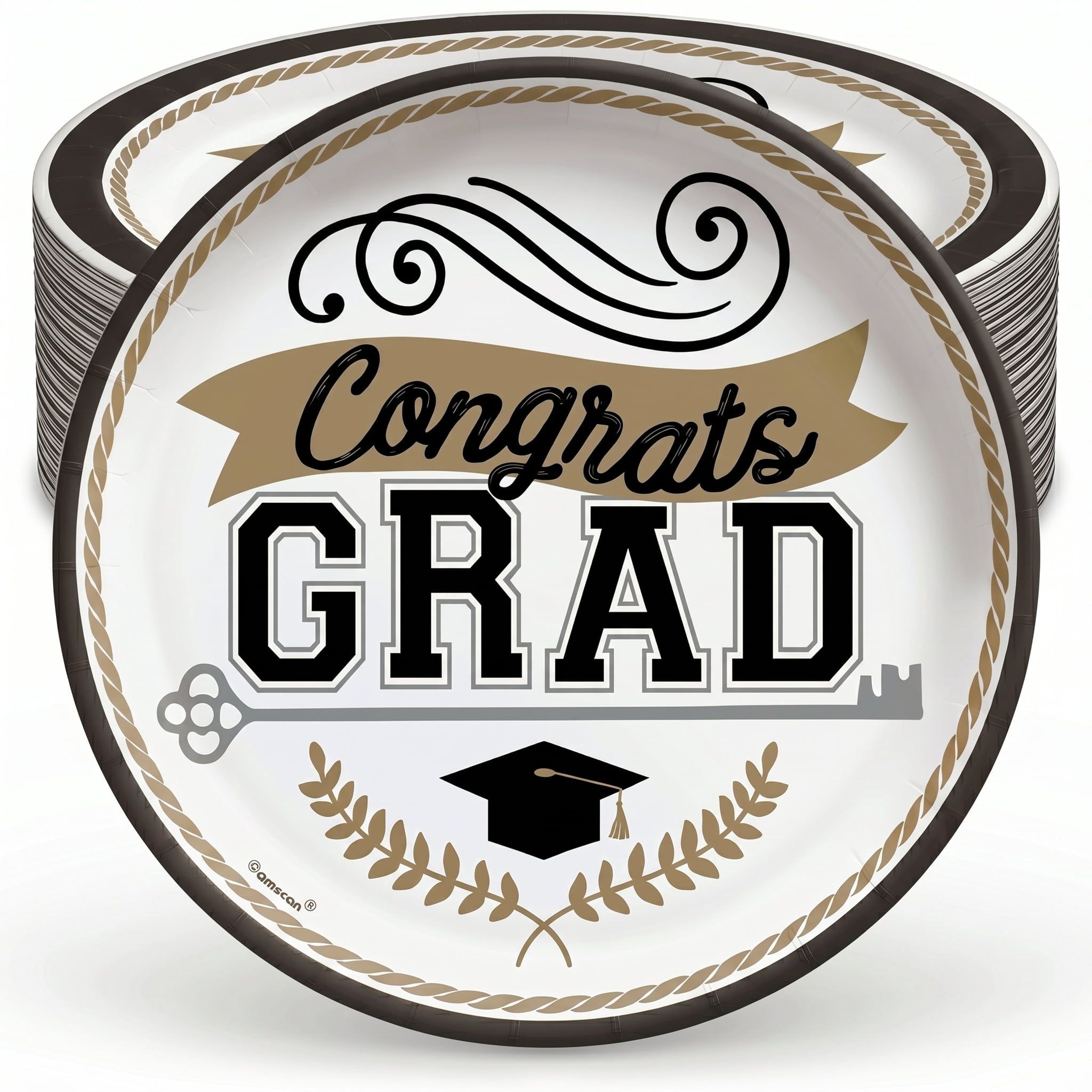 Amscan Congrats Grad 9 Inch White and Gold Paper Plates 50 Ct Round ...
