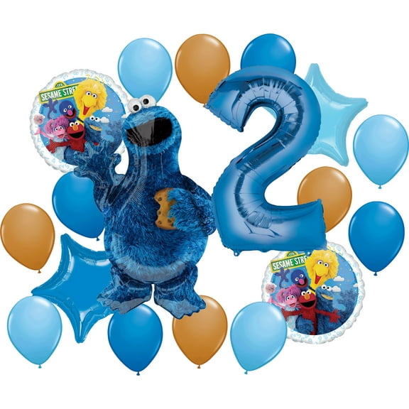 Amscan Cookie Monster Birthday Party Supplies Decorations Big Balloon Bundle with Character Mylar's, Star Mylar's, Big Number 2 and Latex Balloons
