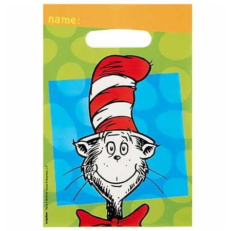 Amscan Dr. Seuss Cat In The Hat Plastic Loot Bags, Medium, 8 Bags Per Pack