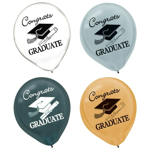 Amscan Elegant Graduation 11'' Latex Balloons, Silver Gold Black White, 15 CT