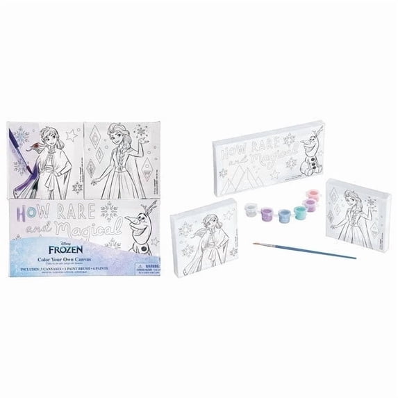 Amscan Frozen Color Your Own Canvas Set - 3 Premium Canvases (4" x 8", 2 x 4"), 6 Vibrant Non-Toxic Paints & Paint Brush for Kids & Frozen Fans