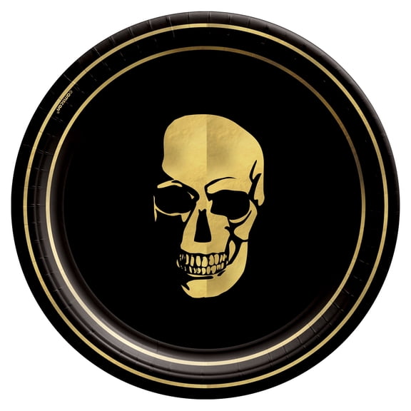 Amscan Glam Boneyard Metallic Round Paper Plates, 7", Black/Gold, Pack Of 40 Plates