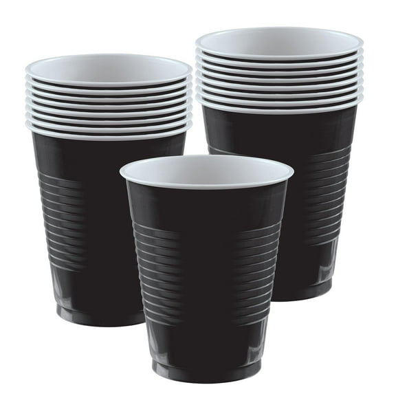 Amscan Go Brightly Plastic Cups, 18 Oz, Black, Pack Of 16 Cups