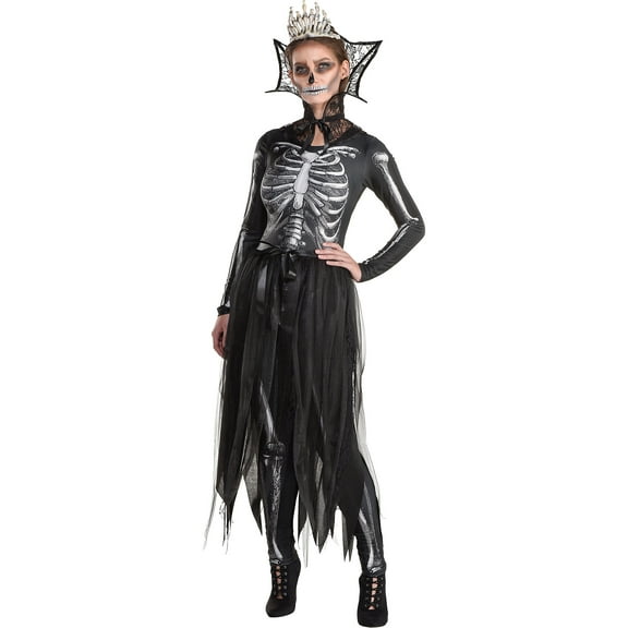 Amscan Gothic Skeleton Queen Halloween Costume for Women, Extra Large (14-16), Includes Bodysuit, Collar, Crown, Bustle