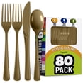 thumbnail image 1 of Exquisite Heavyweight Metallic Gold Plastic Forks, Spoons & Knives Assortment, Medium Size, 24 Count, 1 of 6