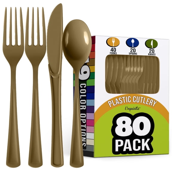 Exquisite Heavyweight Metallic Gold Plastic Forks, Spoons & Knives Assortment, Medium Size, 24 Count