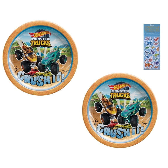 Amscan Hot Wheels 16' Cake Party Plates with Dinosaur Sticker Sheet