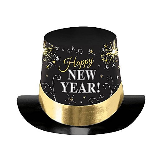 Amscan International 25801 New Year Black, Silver Gold Print Foil Top Hats (6 Pack)
