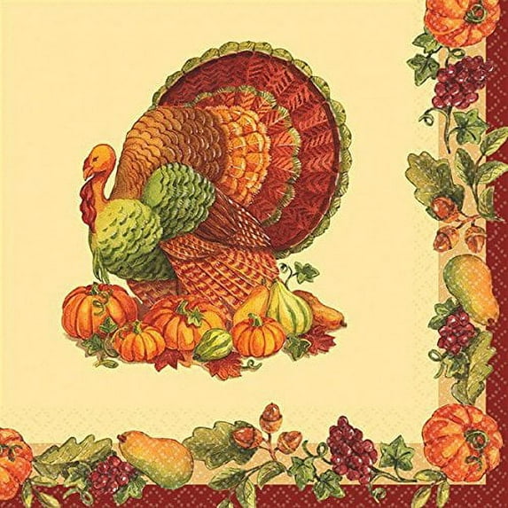 Amscan Joyful Harvest Thanksgiving Party Beverage Paper Napkins Pack of 125, Multicolor, 5" x 10"