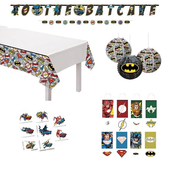 Amscan Justice League Party Kit for 8, 5 Pc Set, Table Cover 54" x 96" with Decorations