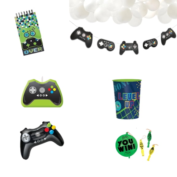 Amscan Level Up Gamer Party Kit, 1 Count, Game Controller Banner, Candle, 16in Punch Balloons, Notebook Favor & Inflatable Controller