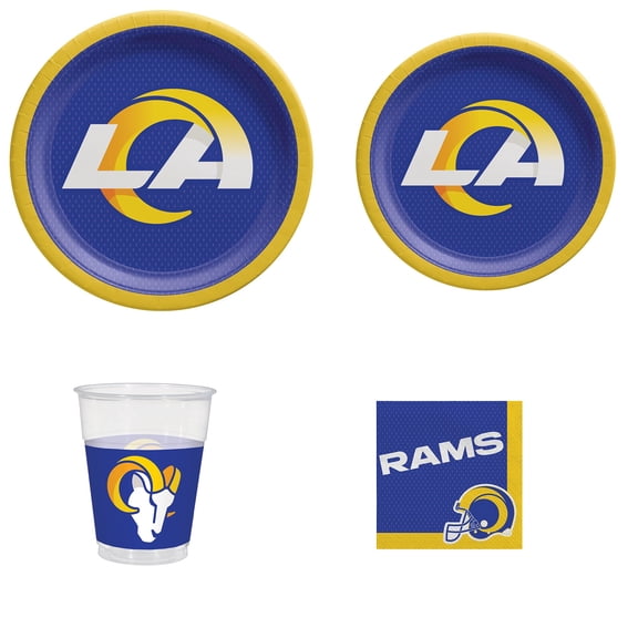 Amscan Los Angeles Rams Party Kit, 18 Count Dinner Plates, 18 Count Dessert Plates, 25 Count 16 oz Plastic Cups & 36 Count Luncheon Napkins