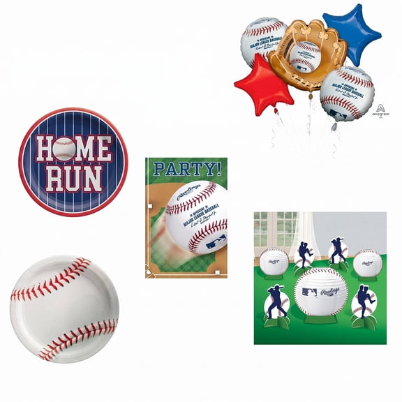 Amscan MLB Rawlings Baseball Party Bundle with 7in and 10.5in Plates, Invitations, Balloons, Centerpiece Kit