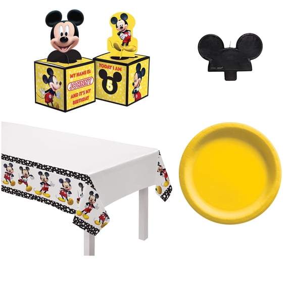 Amscan Mickey Mouse Birthday Party Kit, Includes 54" x 96" Table Cover, 16 Count 6.75" Plates, 6 Count Centerpieces & 4.5" x 3.25" Candle