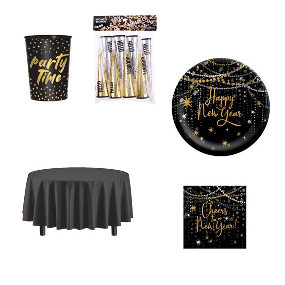 Amscan Midnight Hour New Year's Eve Party Kit for 8, Tableware and Blowers, 41 Pieces