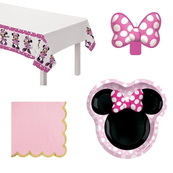 Amscan Minnie Mouse Birthday Party Kit, Includes 54" x 96" Table Cover, 8 Count 9" Plates, 16 Count 5" Napkins & 4" x 3.37" Candle