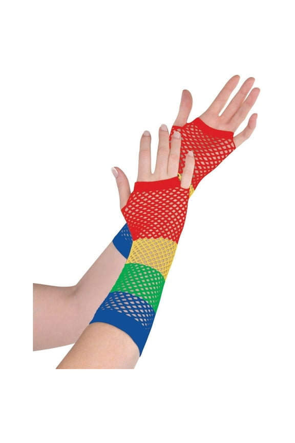 Amscan Party Perfect Team Spirit Rainbow Fishnet Glove (2 Piece), Multi Color, 14 x 4.7