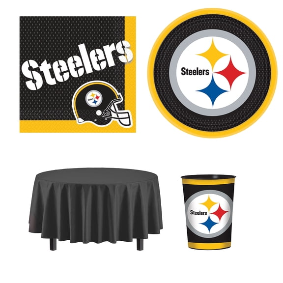 Amscan Pittsburgh Steelers Basic Party Kit, 1 Table Cover, 8 Paper Plates, 1 Party Cup, 16 Napkins