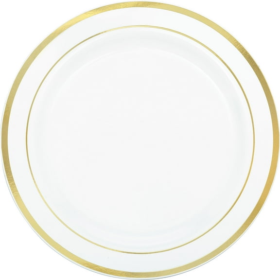 Amscan Plastic Plates, 10-1/4", White/Gold, Pack Of 10 Plates