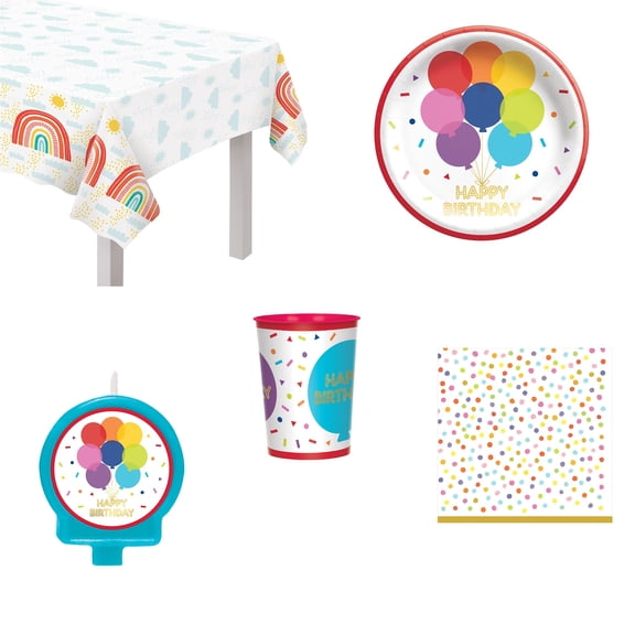 Amscan Rainbow Basic Birthday Party Kit, Includes 54" x 96" Table Cover, 8 Plates, Cups, Napkins & 2.5" Candle