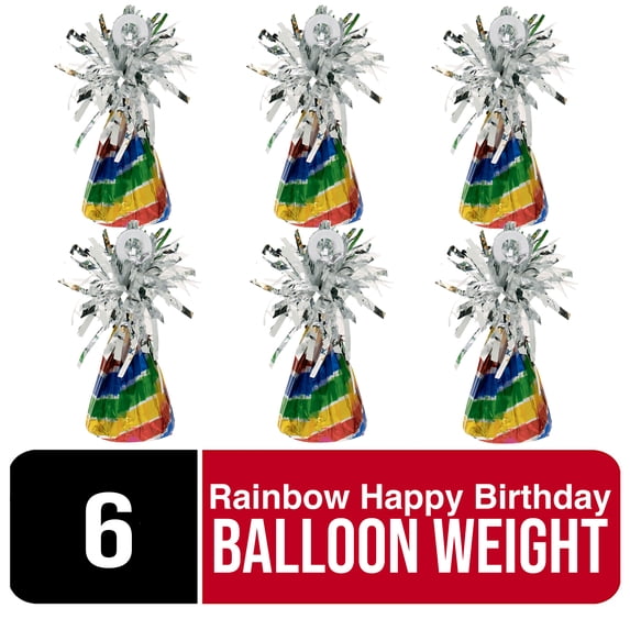 Amscan Rainbow Happy Birthday Balloon Weights with Tinsel – 6 Count