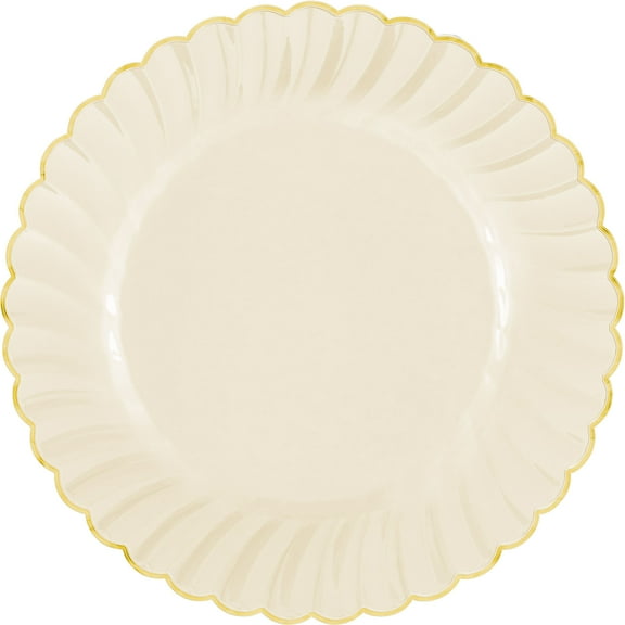 Amscan Scalloped Premium Plastic Plates With Trim, 10-1/4", Cream/Gold, Pack Of 10 Plates