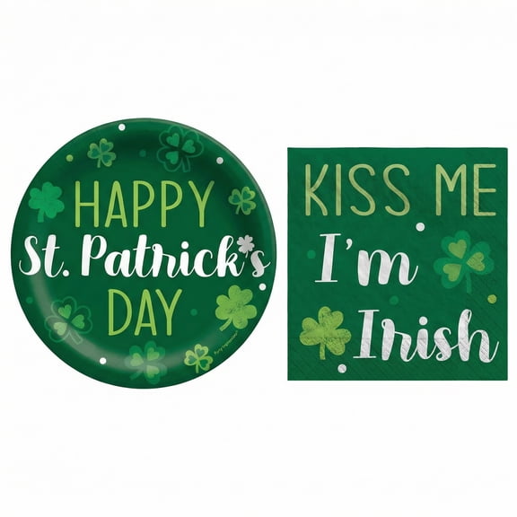 Amscan St. Patrick’s Day Dessert & Beverage Plate and Napkin Kit, 16 6.75" Plates, 16 5" Napkins