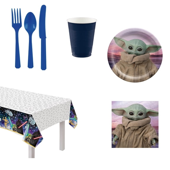 Amscan Star Wars Birthday Disposable Party Base Kit, Serves 8 Guests, Includes Mandalorian Plates, Napkins, Cups, Cutlery & Table Cover