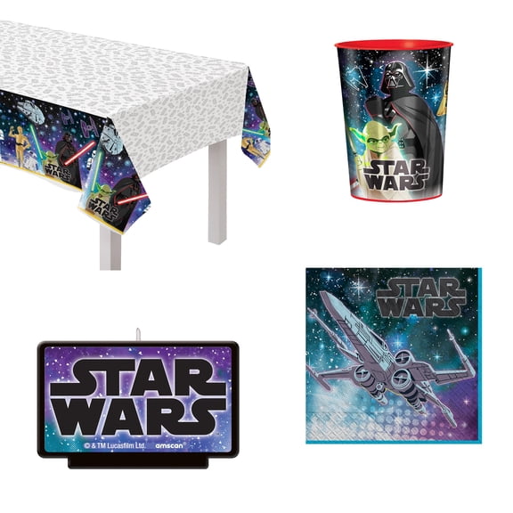 Amscan Star Wars Birthday Party Kit, Includes 54" x 96" Table Cover, 8 Count 16 oz Cups, 16 Count 6.5" Napkins & 4" Candle