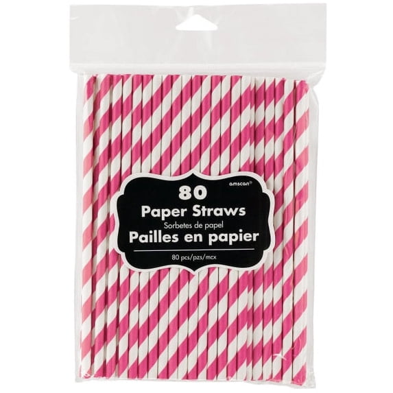Amscan Striped Paper Straws, 7-3/4", Bright Pink, Pack Of 80 Straws
