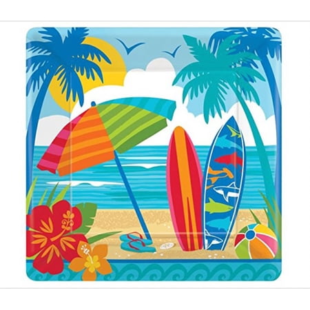 Amscan Summer Sun And Surf Square Paper Plates, 10" x 10", Multicolor, 18 Plates Per Pack,