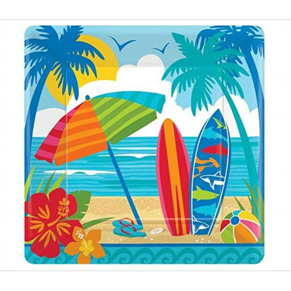Amscan Summer Sun And Surf Square Paper Plates, 10" x 10", Multicolor, 18 Plates Per Pack,