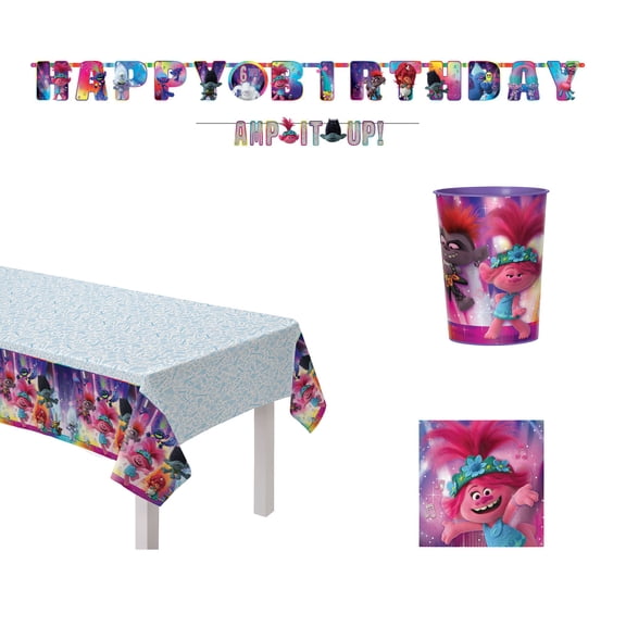 Amscan Trolls World Party Kit, Includes 23in Foil Balloon, 54in x 96in Table Cover, Banners, Decorations, Cups, Napkins & Party Favors