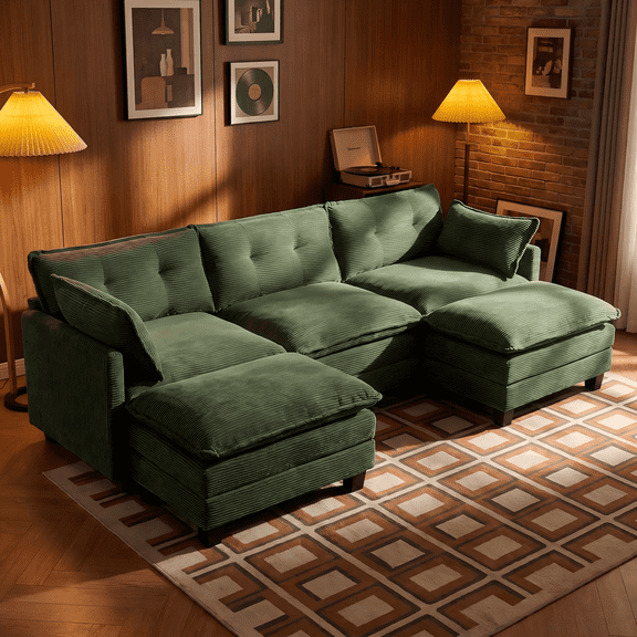 Amsleekey 111.5" Modular Sectional Sofa with 2 Movable Ottomans, U-Shaped Modern Corduroy Cloud Couch for Living Room, Comfy Deep Seat, Green