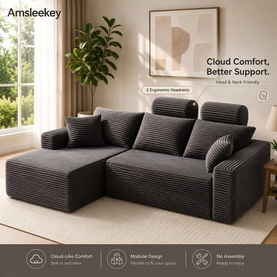 Amsleekey Dark Gray L-Shaped Modular Sectional Sofa with Chaise, Cloud Couch, Deep Seat Corduroy Boneless Couch