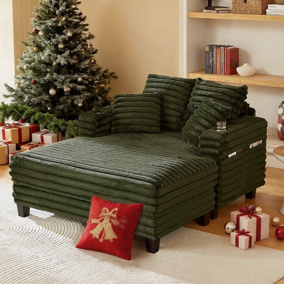 Amsleekey Chaise Lounge Chair with wood frame, 64" Oversized, 4 Storage Pockets, 2 Cup Holders, 4 Pillows for Living Room, Bedroom, Corduroy Green