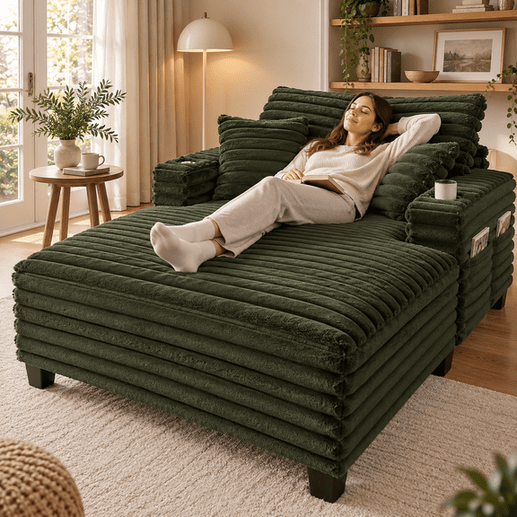 Amsleekey Chaise Lounge Chair with wood frame, 64" Oversized, 4 Storage Pockets, 2 Cup Holders, 4 Pillows for Living Room, Bedroom, Corduroy Green