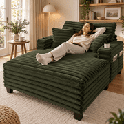 Amsleekey Chaise Lounge Chair with wood frame, 64" Oversized, 4 Storage Pockets, 2 Cup Holders, 4 Pillows for Living Room, Bedroom, Corduroy Green