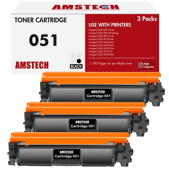 Amstech 3-Pack Compatible Toner Cartridge  for Canon 051 CRG-051 imageCLASS MF267dw MF269dw MF266dn MF263dn MF264dw LBP162dw LBP1692dwkg LBP161dn Printer (Black)