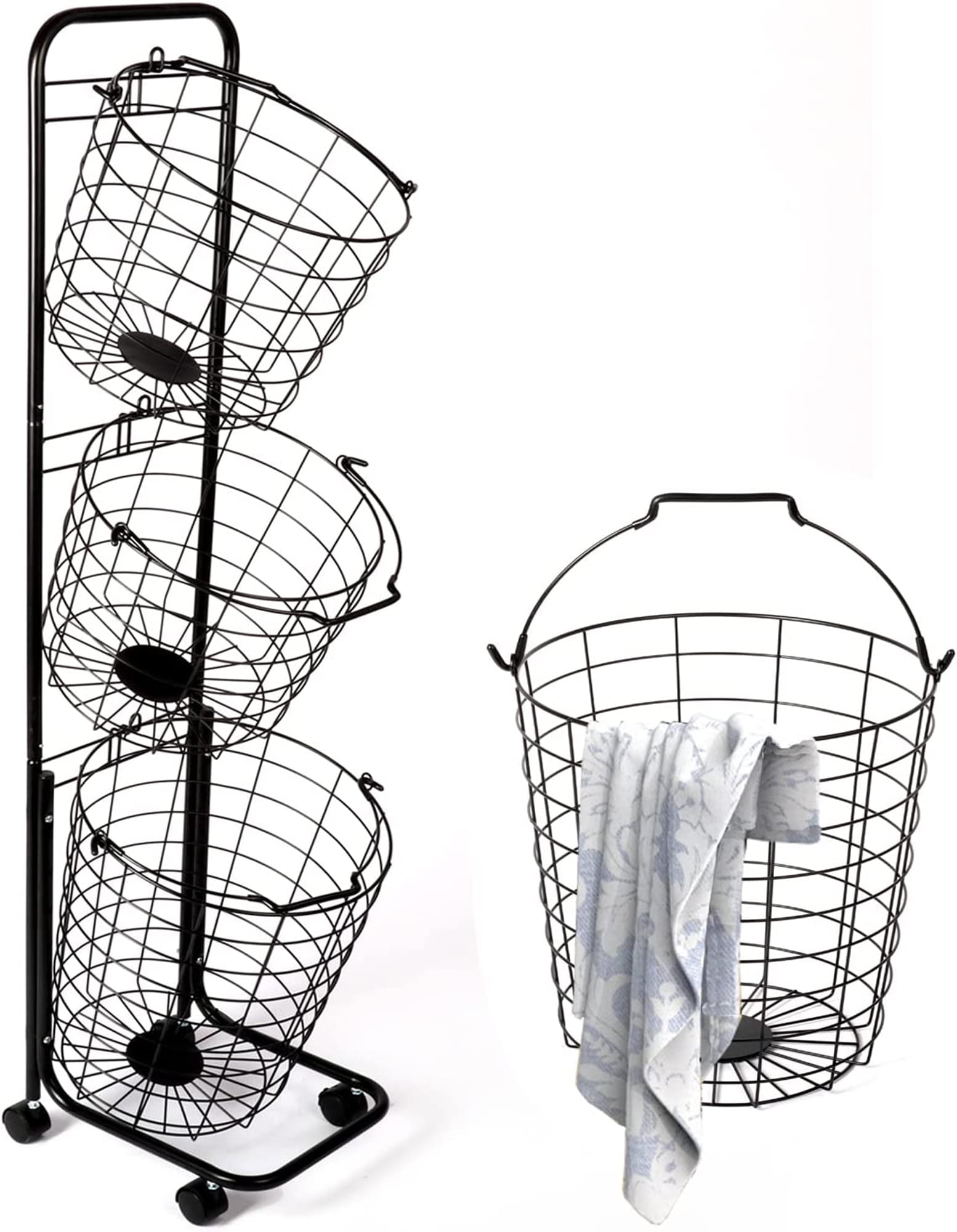 Black 3-Tier Metal Rolling Laundry Basket with Removable Hampers