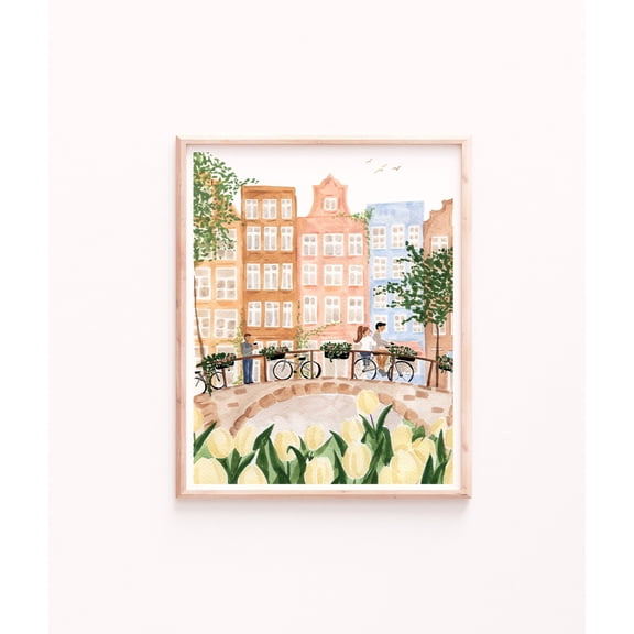 Amsterdam Art Poster Pastel Cityscape with Tulips - Whimsical Wall Decor Poster Art Print Home Decor, Stretched Canvas Size 16x24 F03.1.20l690