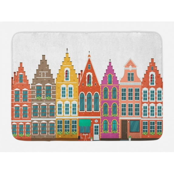 Amsterdam Bath Mat, Print of European Colorful Houses Iconic Urban Elements, Plush Bathroom Decor Mat with Non Slip Backing, 29.5" X 17.5", Burnt Orange Multicolor, by Ambesonne
