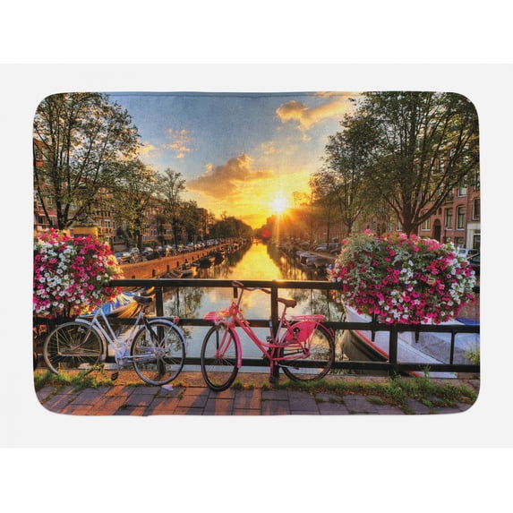 Amsterdam Bath Mat, Scenic Sunrise over the City with Flowers and Bicycles on the Bridge in Spring, Plush Bathroom Decor Mat with Non Slip Backing, 29.5" X 17.5", Multicolor, by Ambesonne
